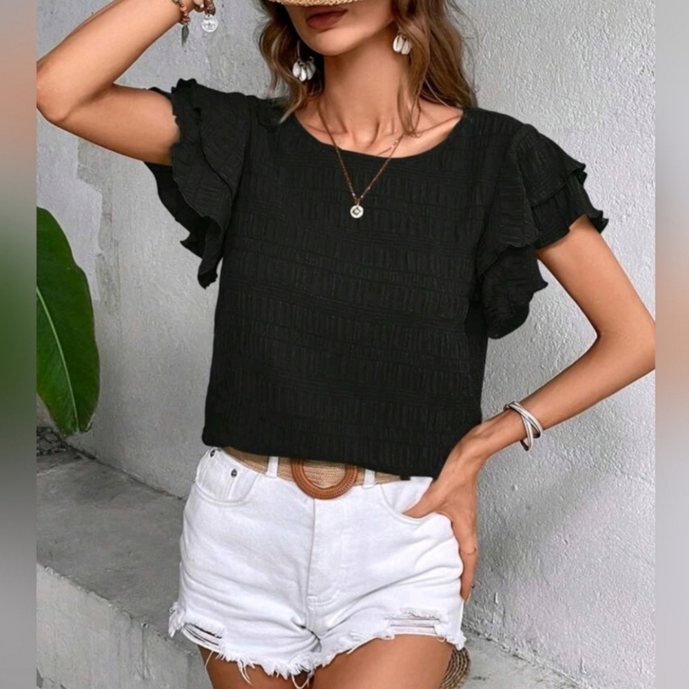New Chic Textured Stripe Flutter Sleeve Top Blouse Black